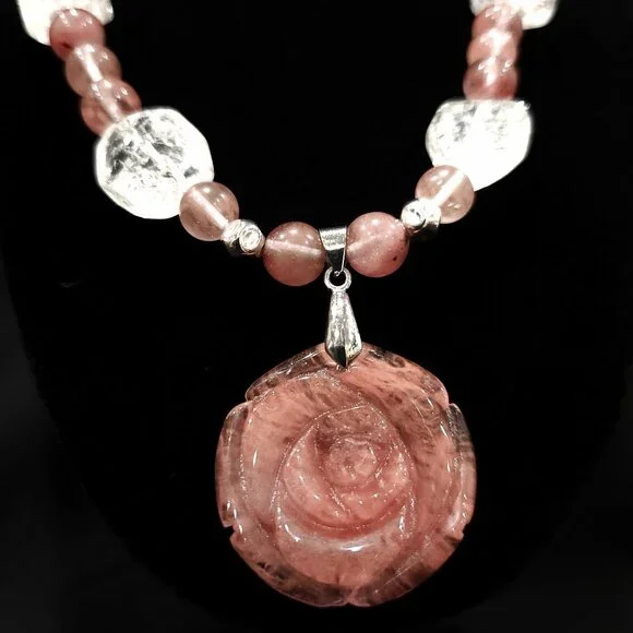 Hand Crafted Cherry Quartz Beads and Carved Cherry Quartz Pendant Necklace - Picture 3 of 9